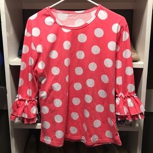 Coral/Pink with white polka dots shirt